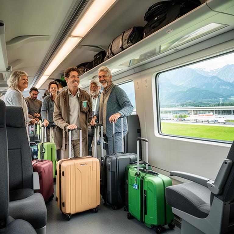 Reisende mit Gepäck in einem Schweizer Zug auf dem Weg zu einem Mittelmeerhafen