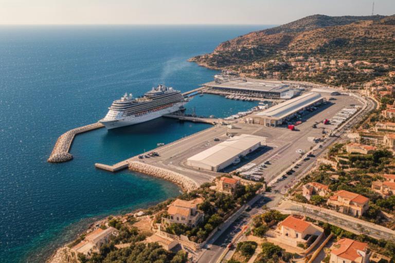 Luftaufnahme eines mediterranen Hafens mit Kreuzfahrtschiff, Zufahrt und Terminalflächen