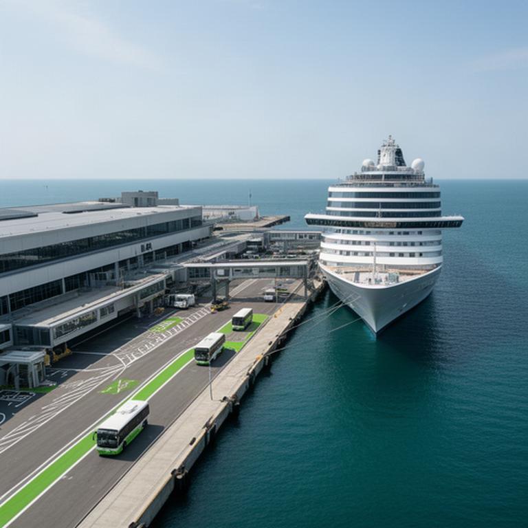 Kreuzfahrtschiff im Hafen mit sichtbarem Passagierterminal und geordneten Logistikwegen