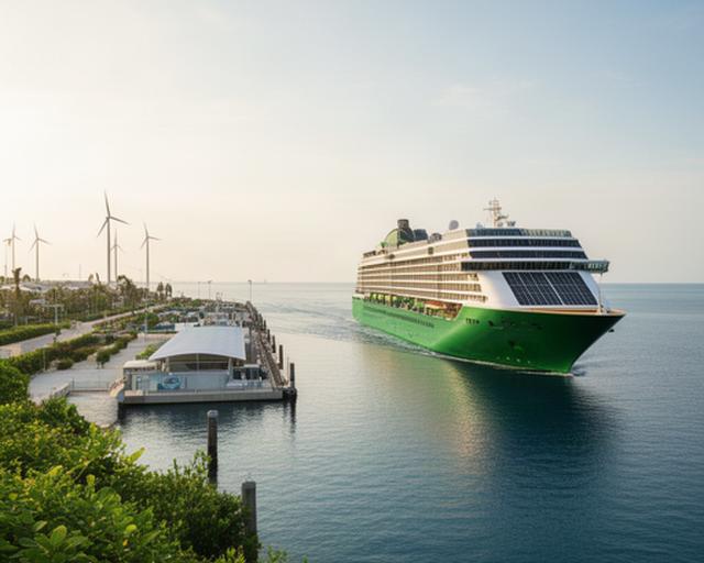 Modernes grünes Kreuzfahrtschiff mit Solaranlagen vor einem nachhaltigen Hafen