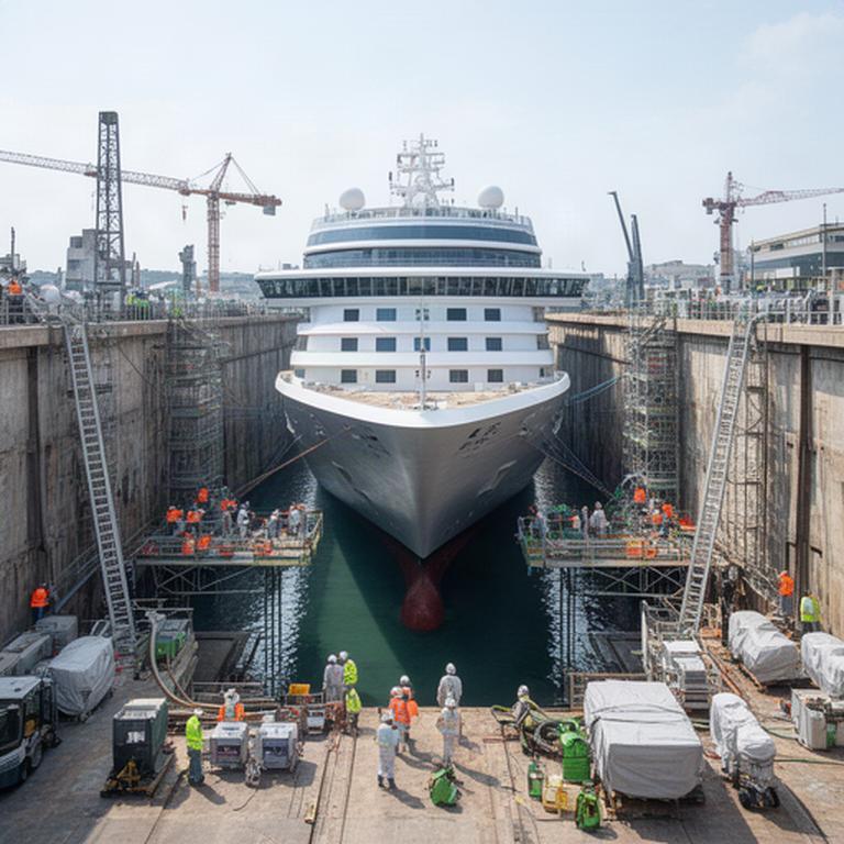 Kreuzfahrtschiff im Trockendock einer europäischen Werft mit Arbeitsplattformen und Zuliefererteams